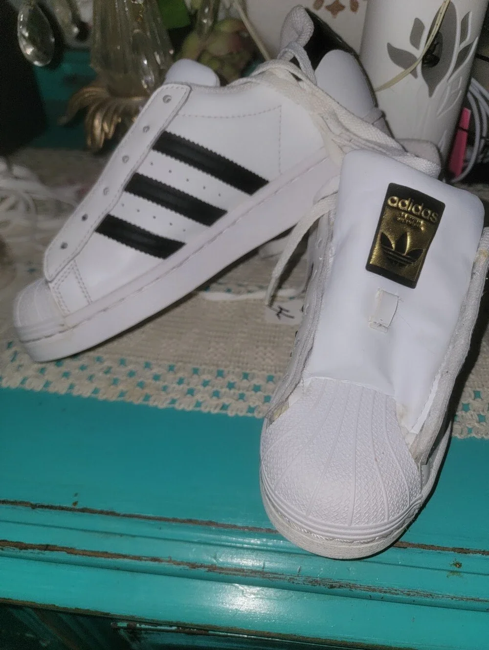 adidas Kids White Sneakers with Black Stripes & Gold Logo